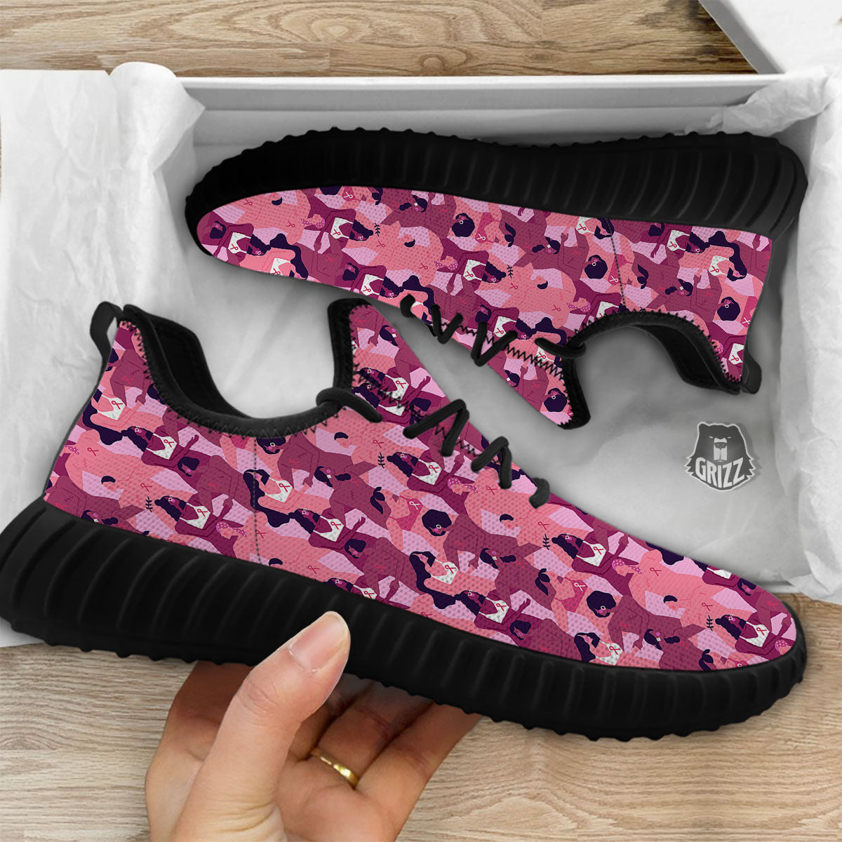 Breast Cancer Pink Print Pattern Black Walking Shoes-grizzshop