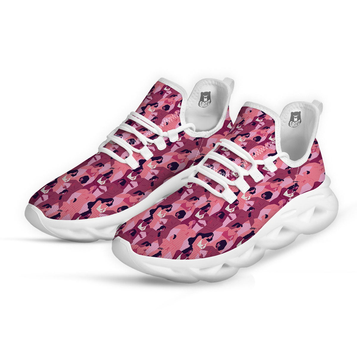 Breast Cancer Pink Print Pattern White Running Shoes-grizzshop