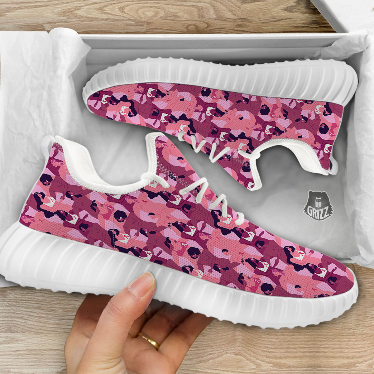 Breast Cancer Pink Print Pattern White Walking Shoes-grizzshop