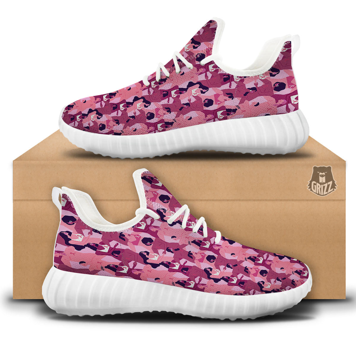 Breast Cancer Pink Print Pattern White Walking Shoes-grizzshop