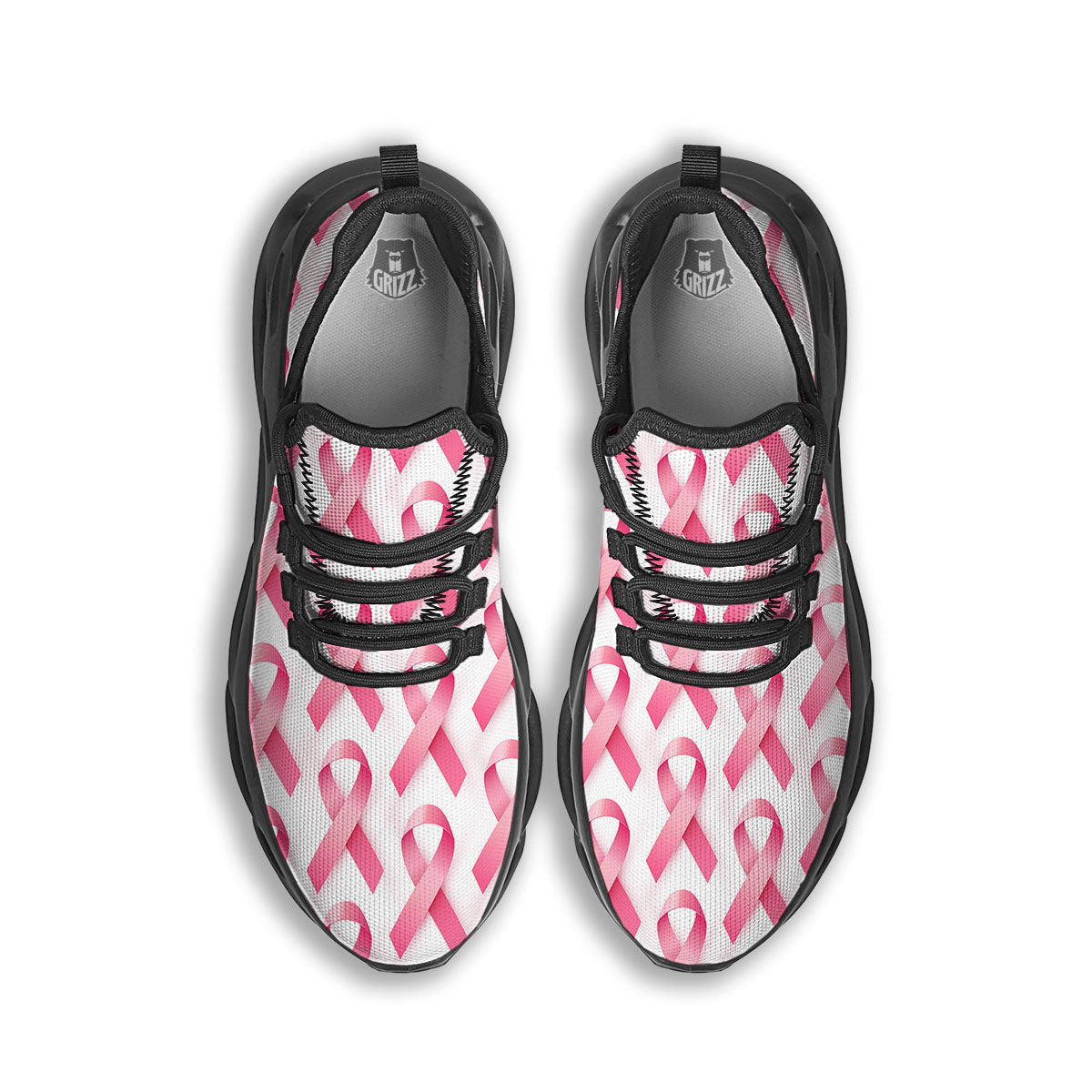 Breast Cancer Pink Ribbon Print Pattern Black Running Shoes-grizzshop