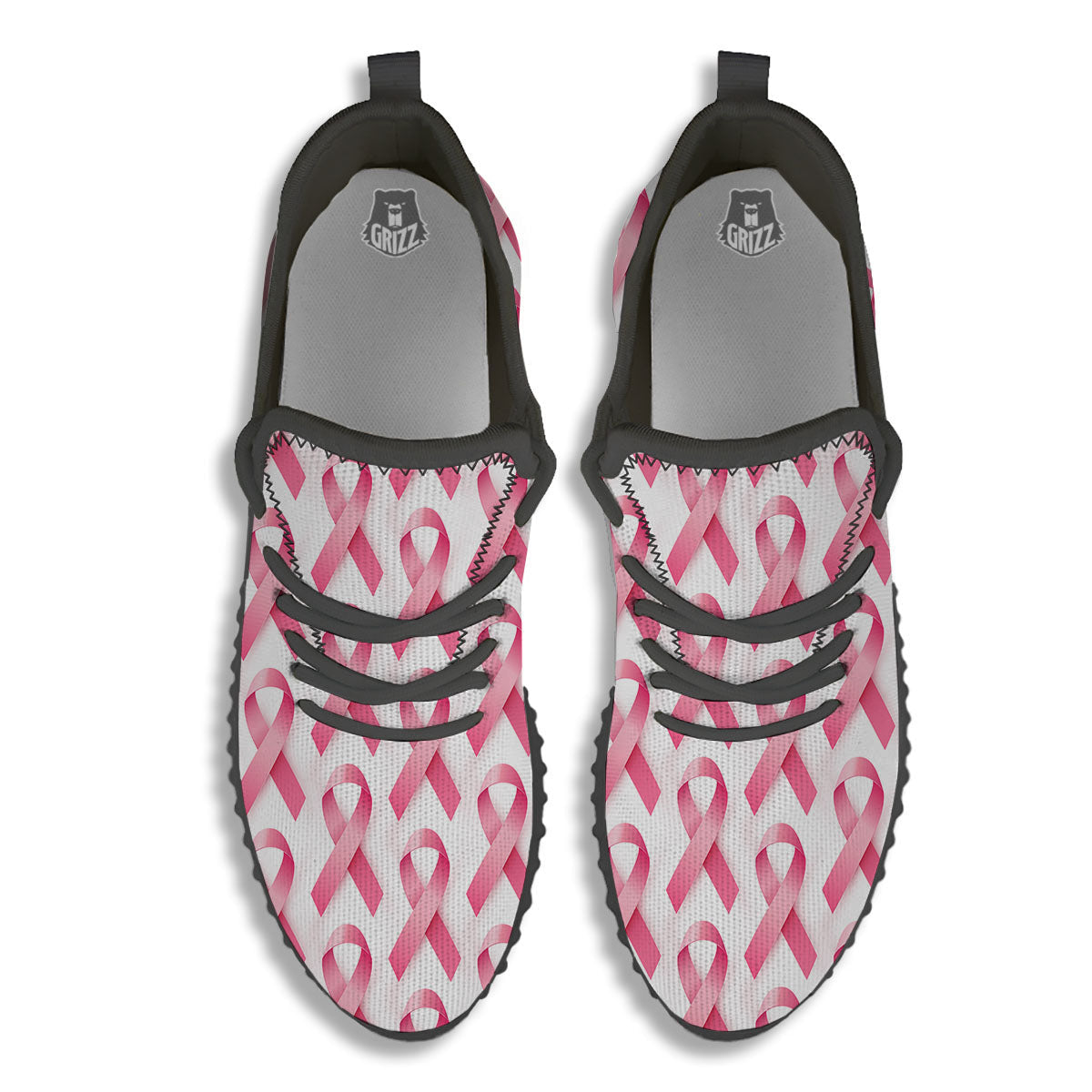 Breast Cancer Pink Ribbon Print Pattern Black Walking Shoes-grizzshop