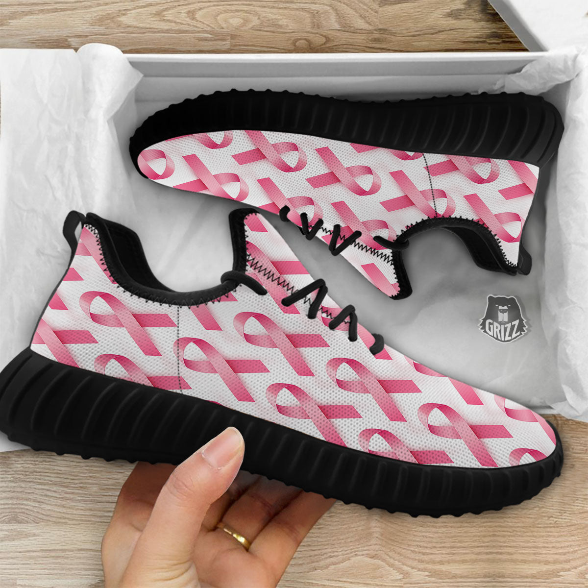 Breast Cancer Pink Ribbon Print Pattern Black Walking Shoes-grizzshop