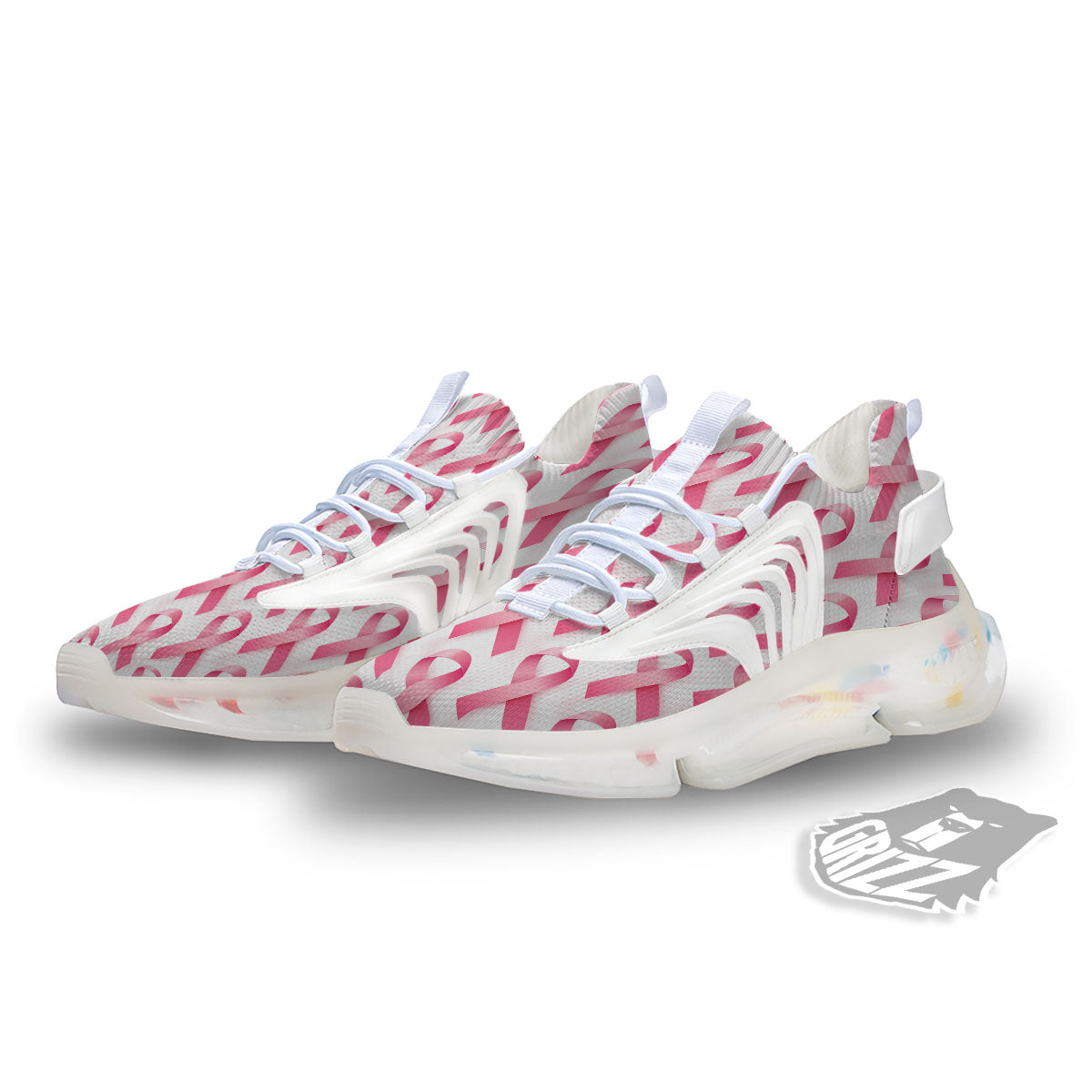 Breast Cancer Pink Ribbon Print Pattern White Gym Shoes-grizzshop
