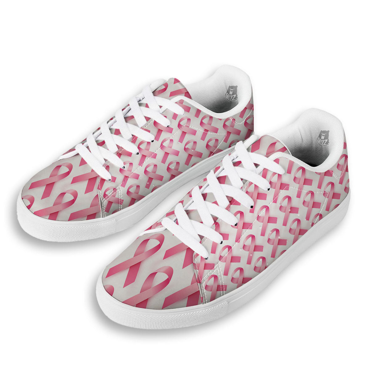 Breast Cancer Pink Ribbon Print Pattern White Low Top Sneakers-grizzshop
