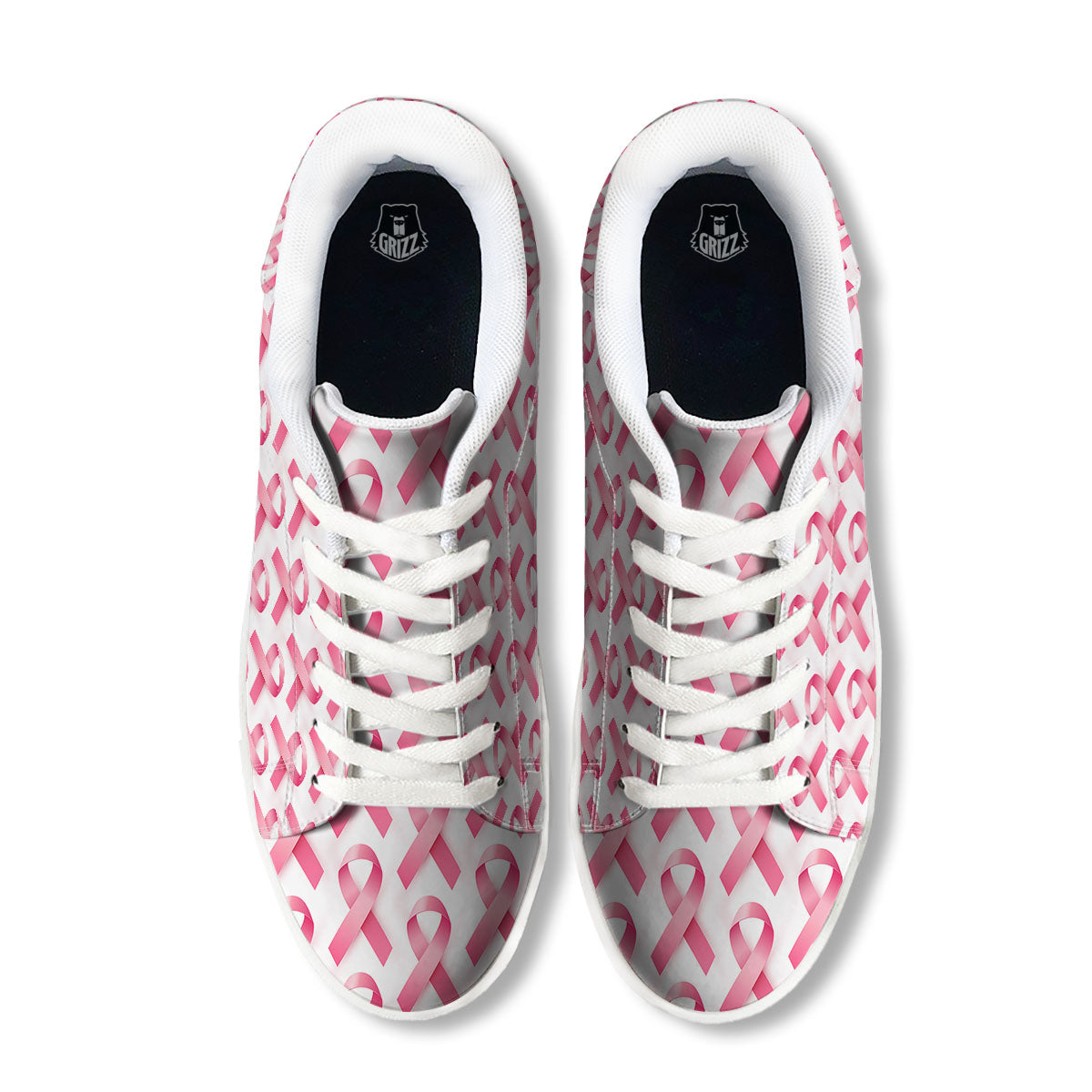 Breast Cancer Pink Ribbon Print Pattern White Low Top Sneakers-grizzshop