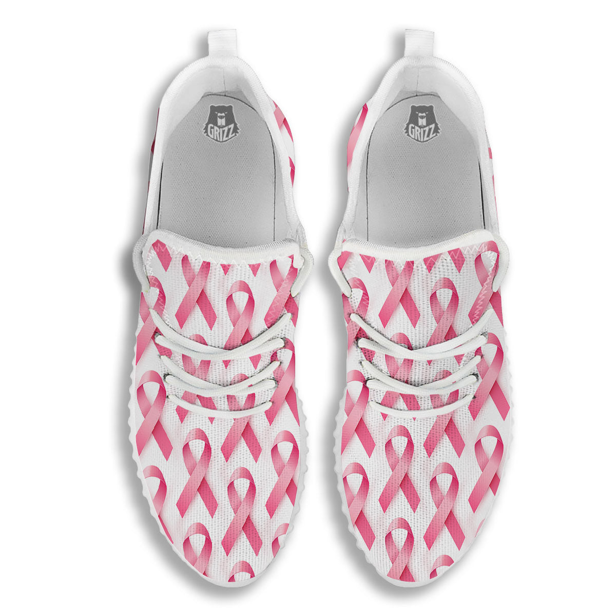 Breast Cancer Pink Ribbon Print Pattern White Walking Shoes-grizzshop