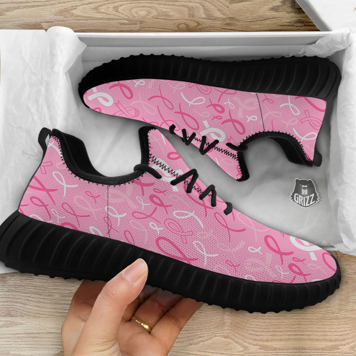Breast Cancer Ribbon Pink Print Pattern Black Walking Shoes-grizzshop