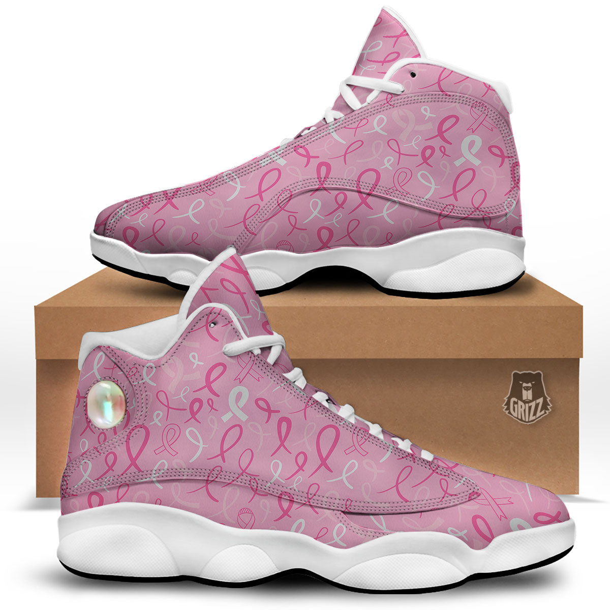Breast Cancer Ribbon Pink Print Pattern White Basketball Shoes-grizzshop