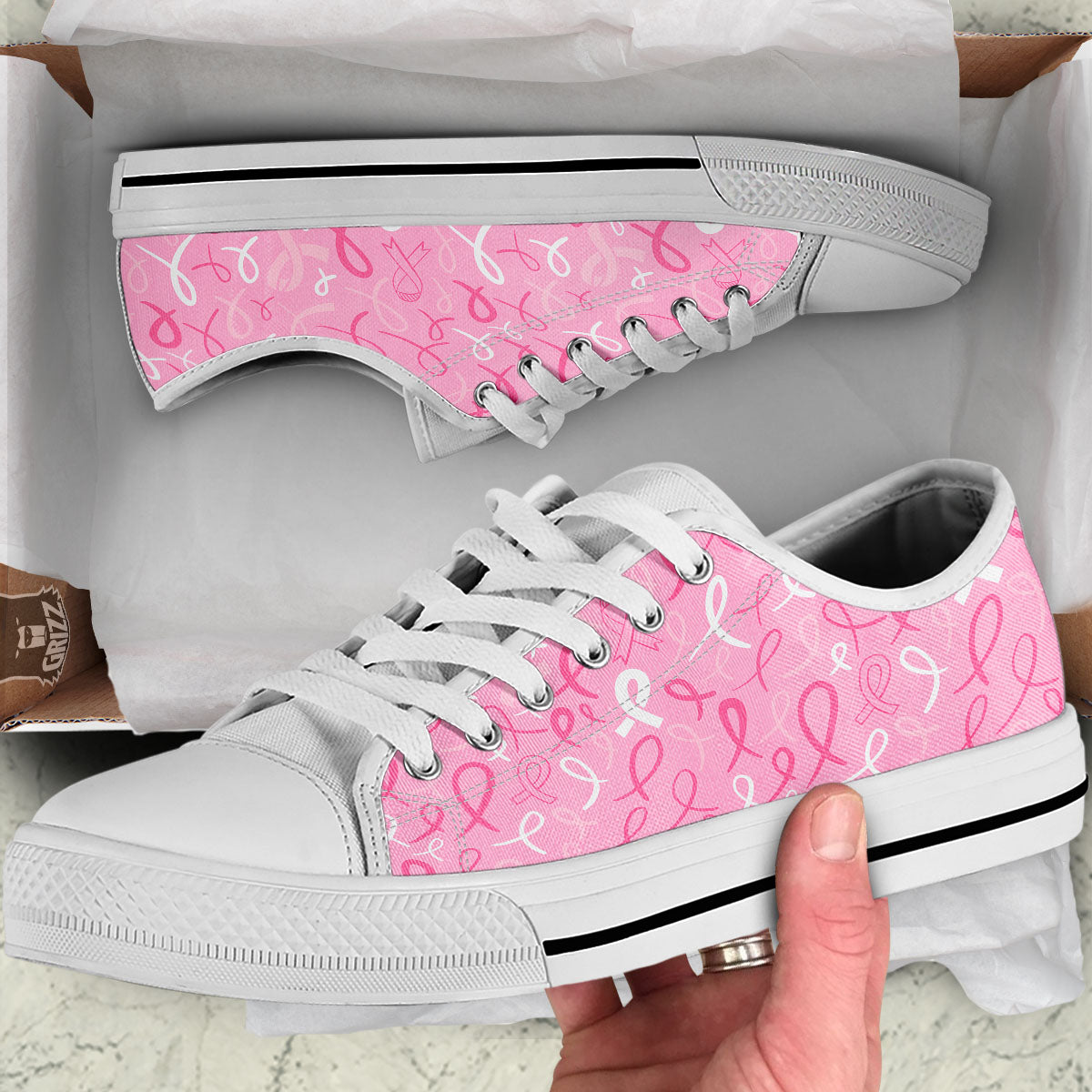 Breast Cancer Ribbon Pink Print Pattern White Low Top Shoes-grizzshop
