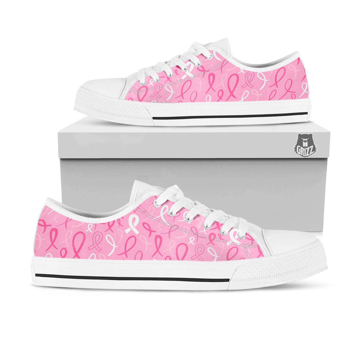 Breast Cancer Ribbon Pink Print Pattern White Low Top Shoes-grizzshop