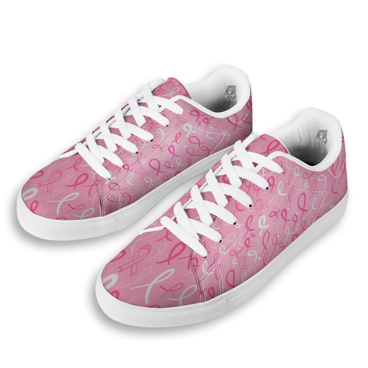 Breast Cancer Ribbon Pink Print Pattern White Low Top Sneakers-grizzshop