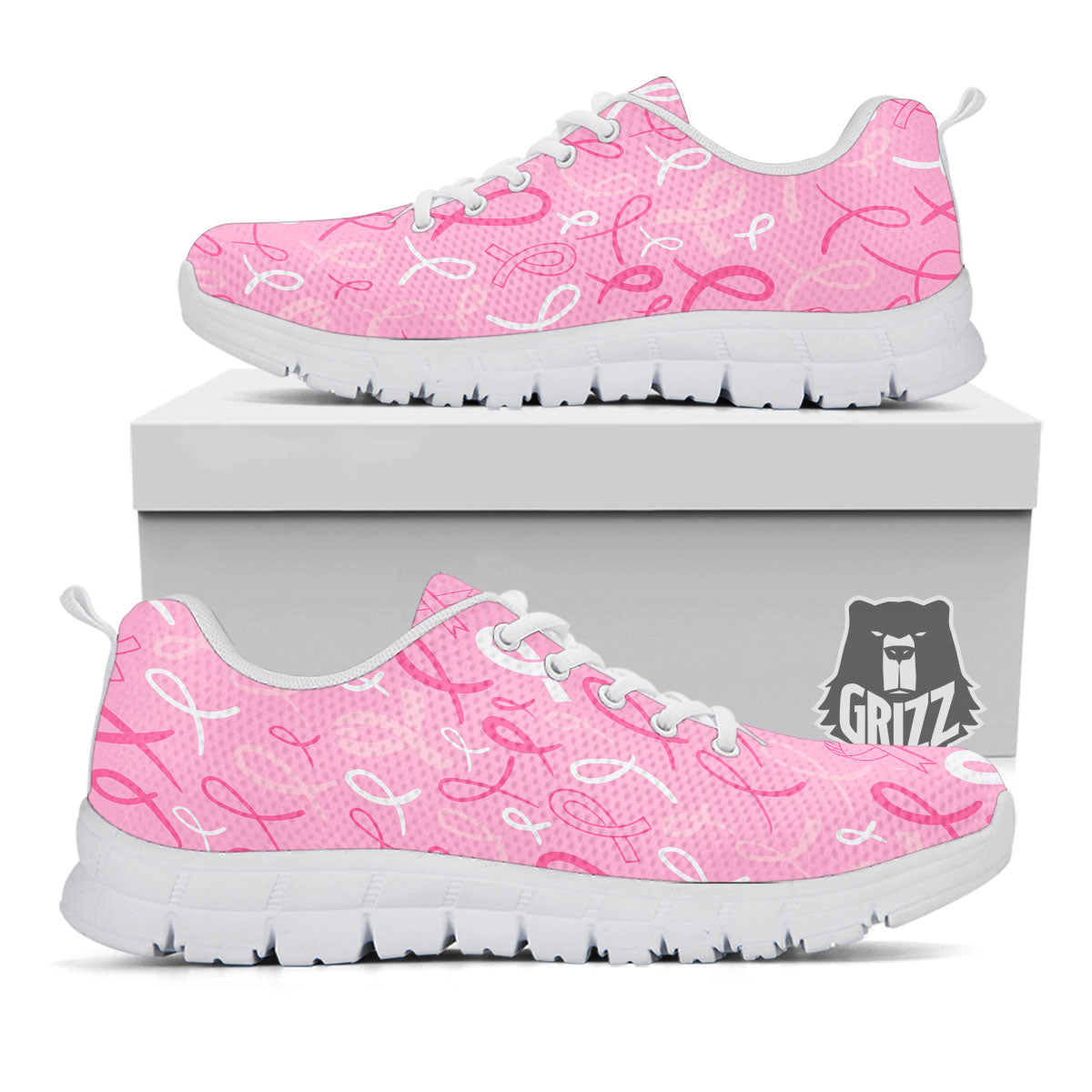 Breast Cancer Ribbon Pink Print Pattern White Sneaker-grizzshop