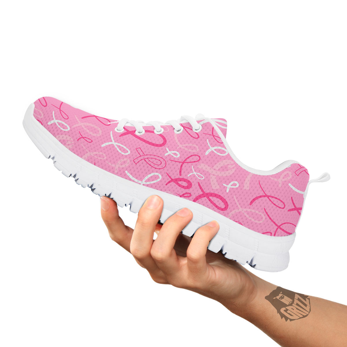 Breast Cancer Ribbon Pink Print Pattern White Sneaker-grizzshop