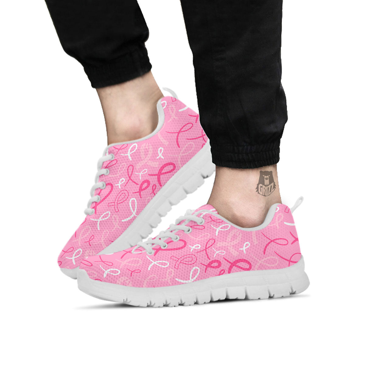 Breast Cancer Ribbon Pink Print Pattern White Sneaker-grizzshop
