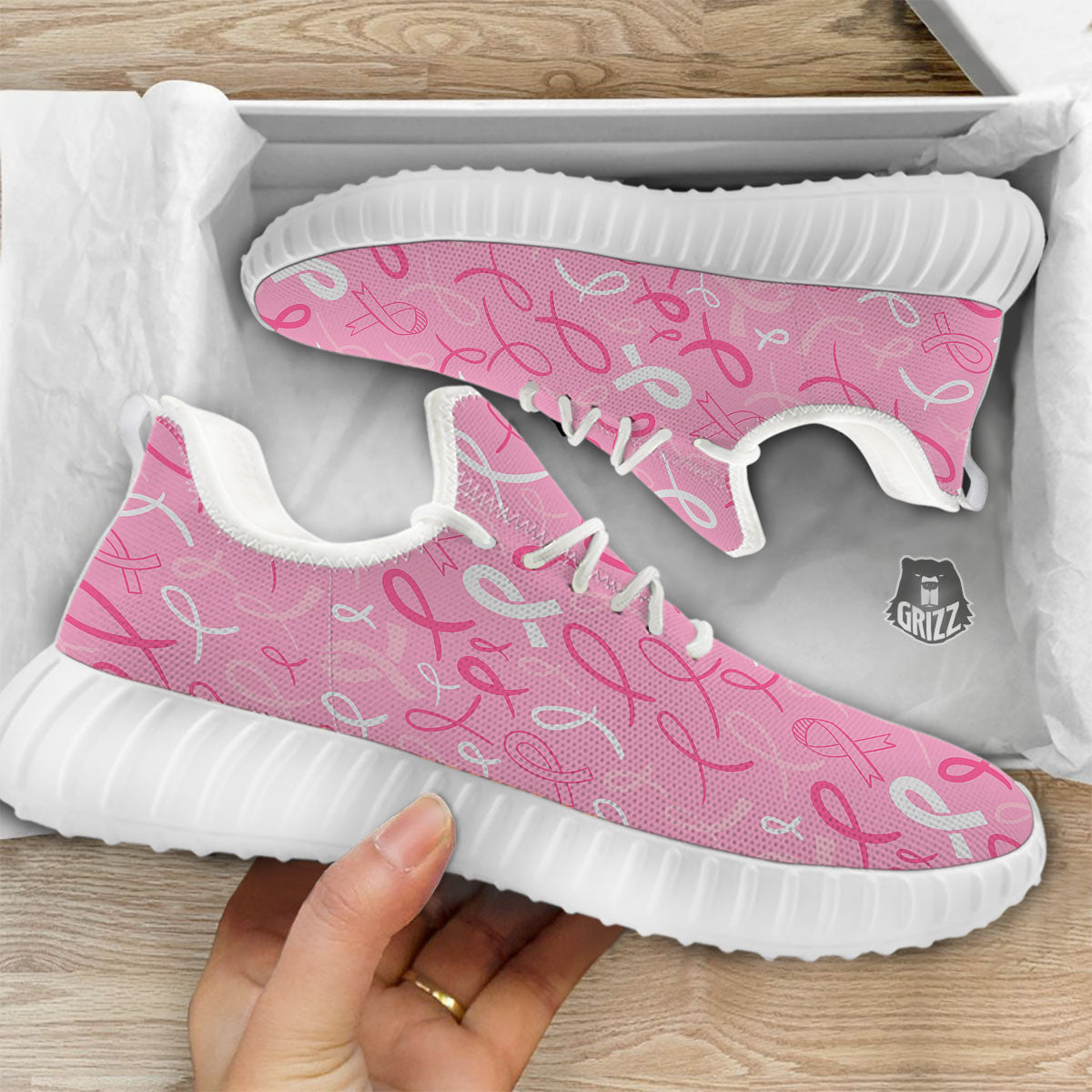 Breast Cancer Ribbon Pink Print Pattern White Walking Shoes-grizzshop