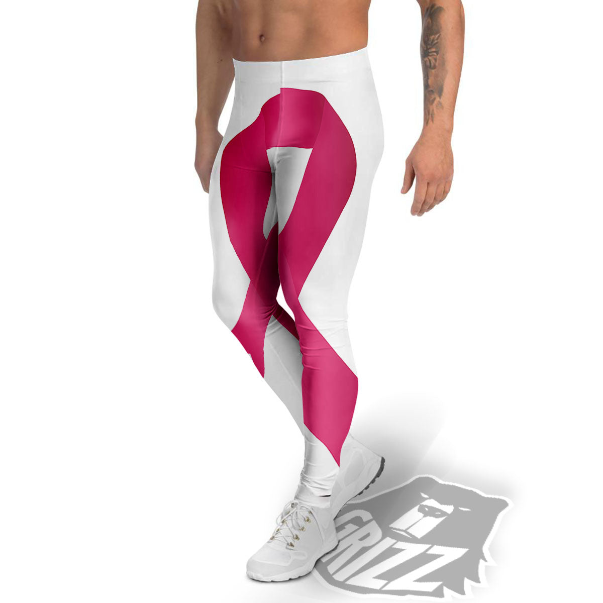 Breast Cancer White And Pink Print Men's Leggings-grizzshop