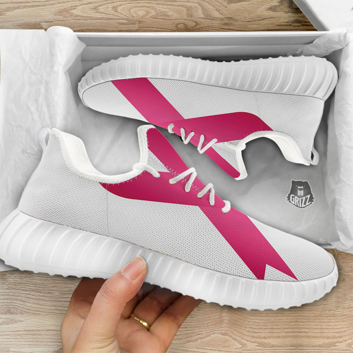 Breast Cancer White And Pink Print White Walking Shoes-grizzshop