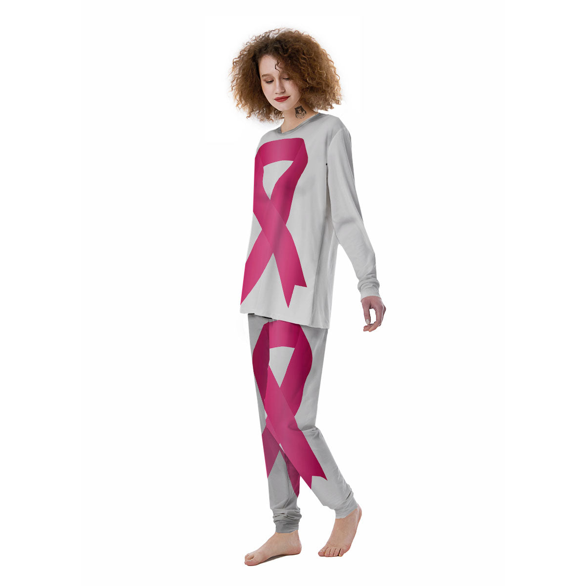 Breast Cancer White And Pink Print Women's Pajamas-grizzshop