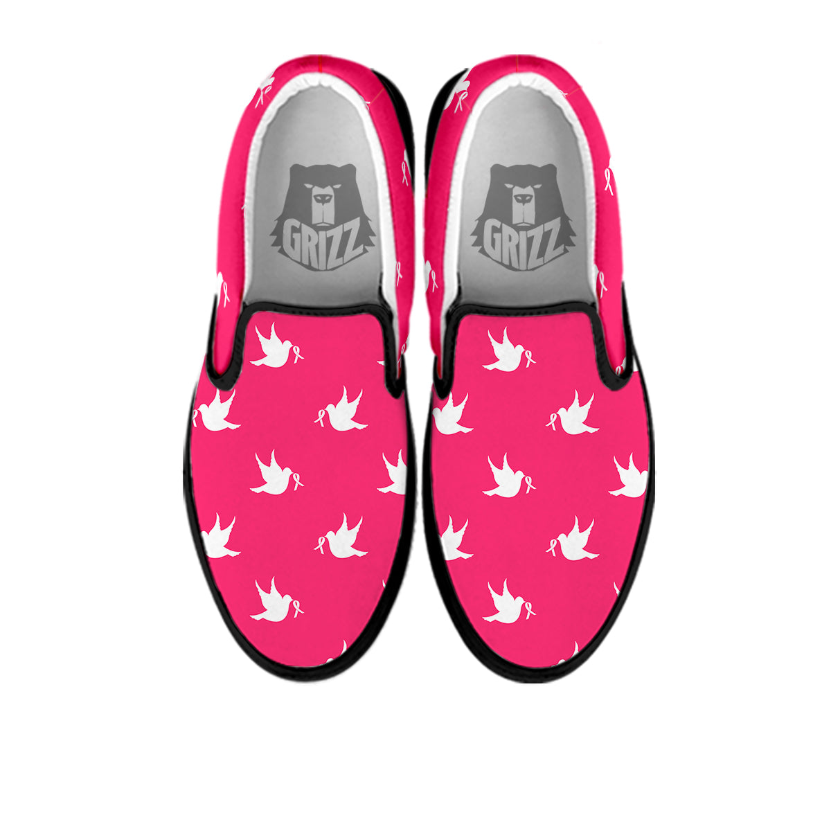 Breast Cancer White Dove Print Pattern Black Slip On Shoes-grizzshop