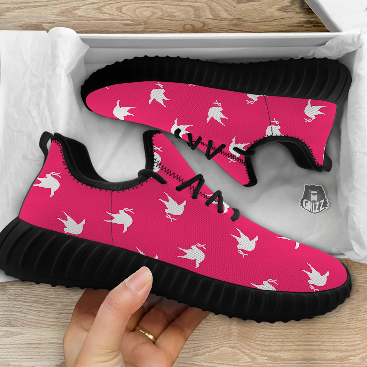 Breast Cancer White Dove Print Pattern Black Walking Shoes-grizzshop