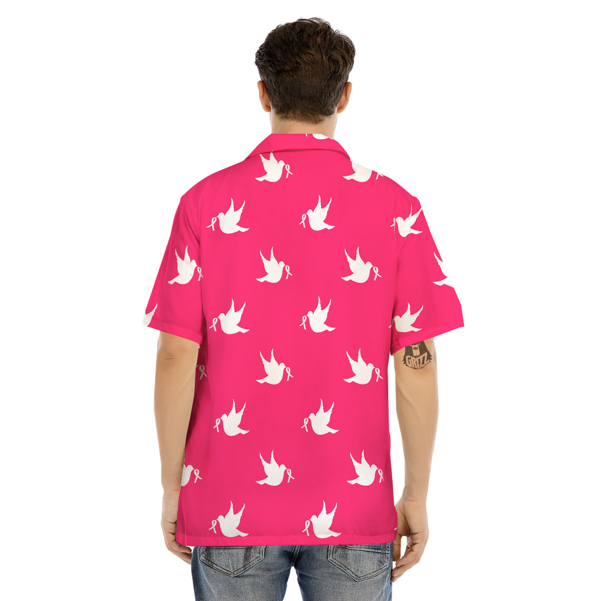 Breast Cancer White Dove Print Pattern Men's Hawaiian Shirt-grizzshop