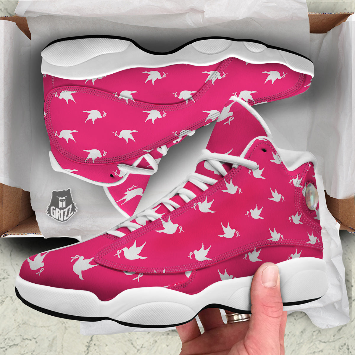 Breast Cancer White Dove Print Pattern White Basketball Shoes-grizzshop