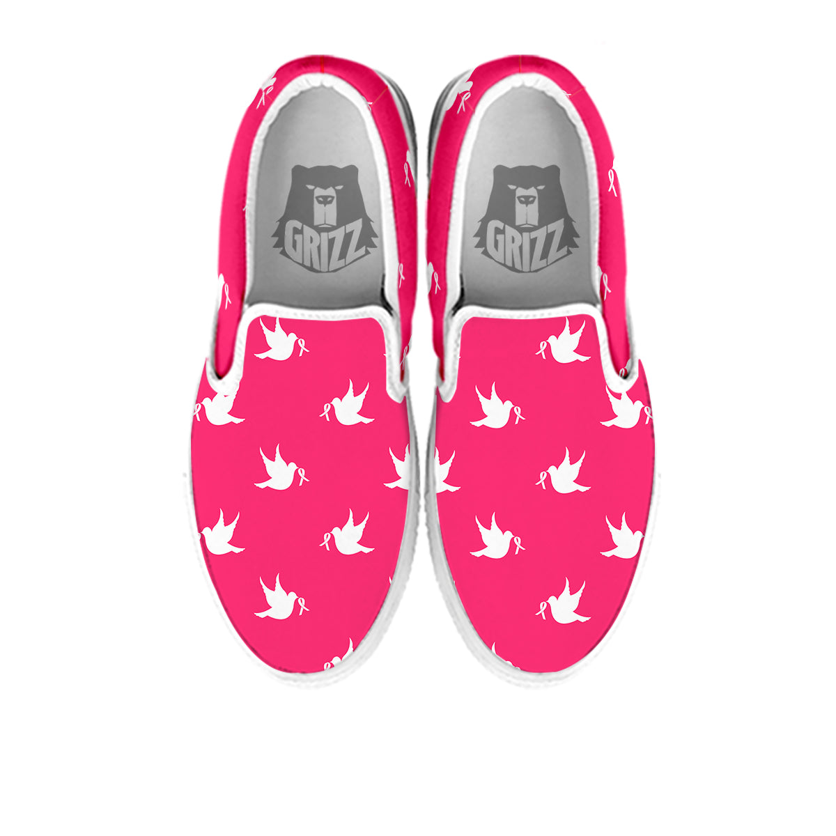 Breast Cancer White Dove Print Pattern White Slip On Shoes-grizzshop