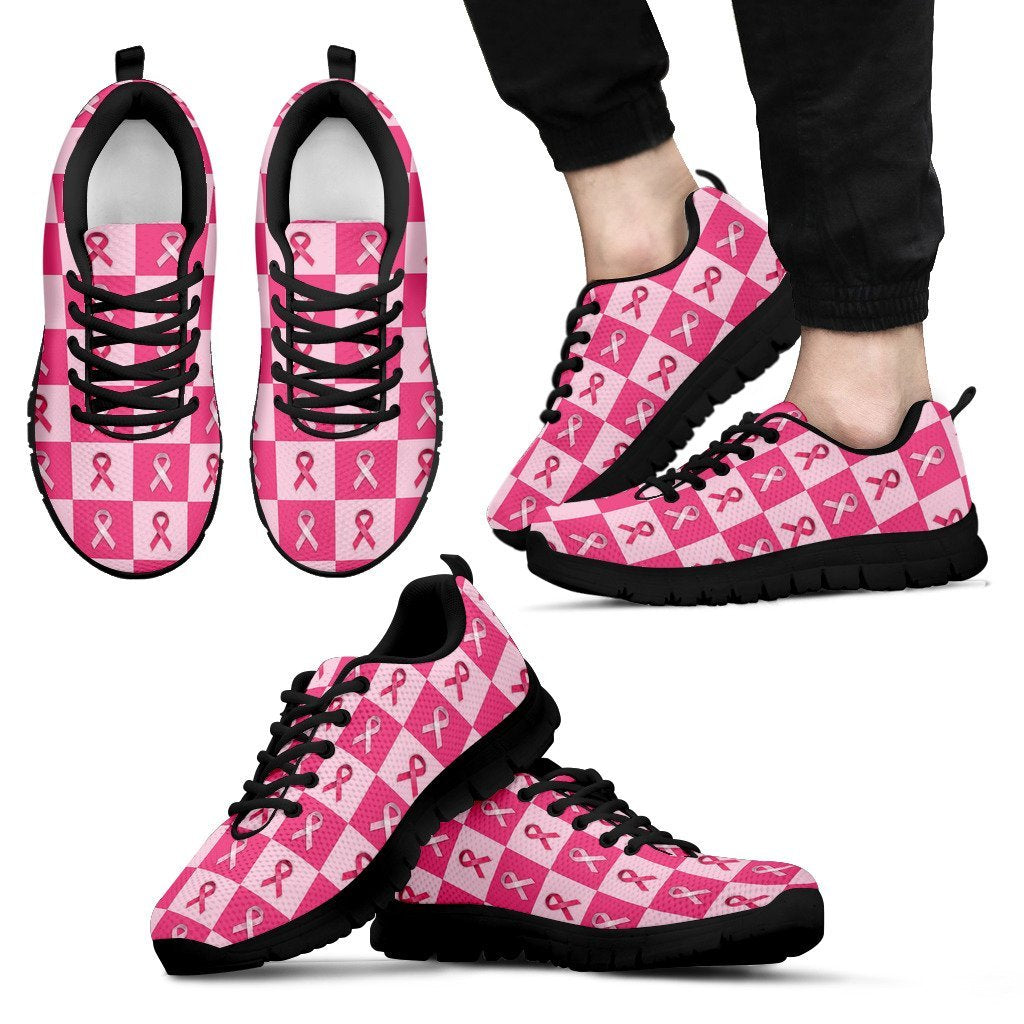 Breast Cancer Awareness Pink Ribbon Pattern Print Black Sneaker Shoes For Men Women-grizzshop