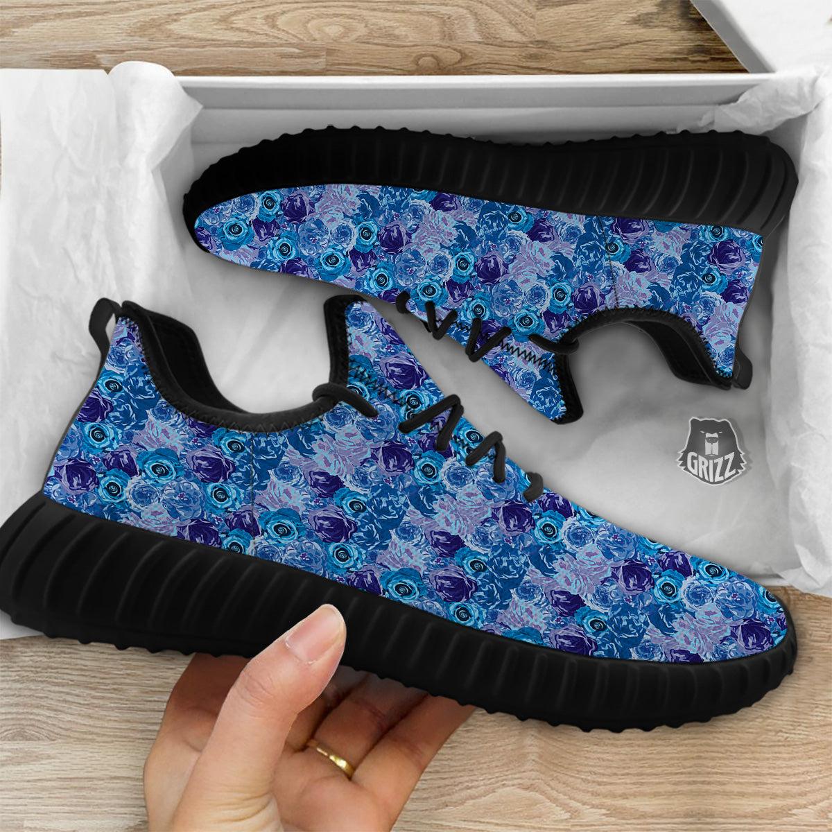 Bright Blue Rose Print Black Walking Shoes-grizzshop