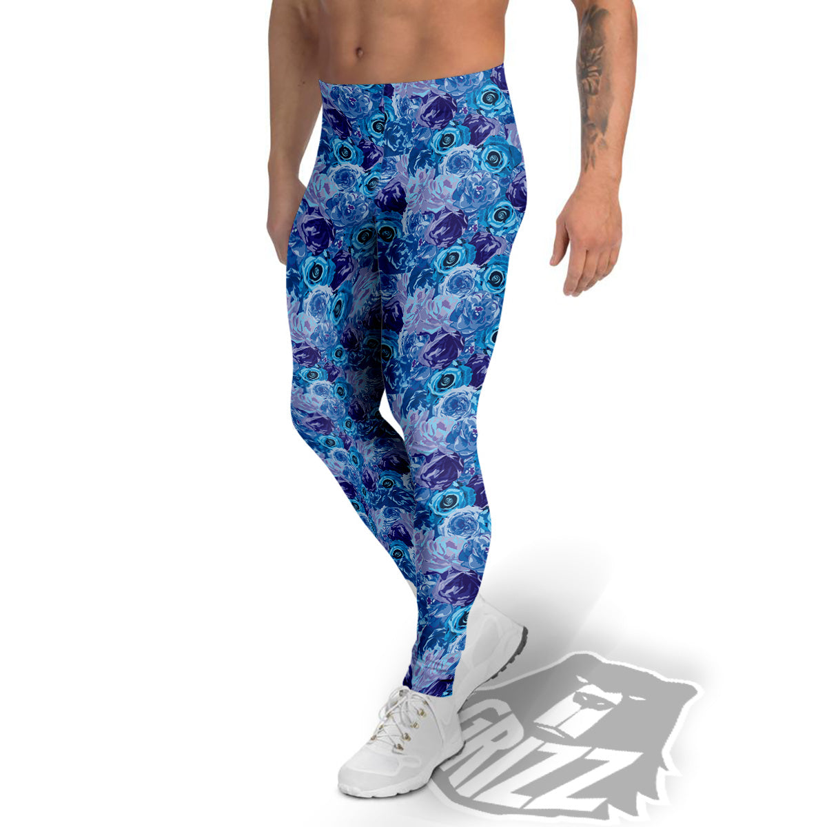 Bright Blue Rose Print Men's Leggings-grizzshop