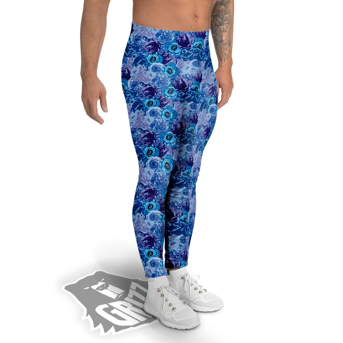 Bright Blue Rose Print Men's Leggings-grizzshop