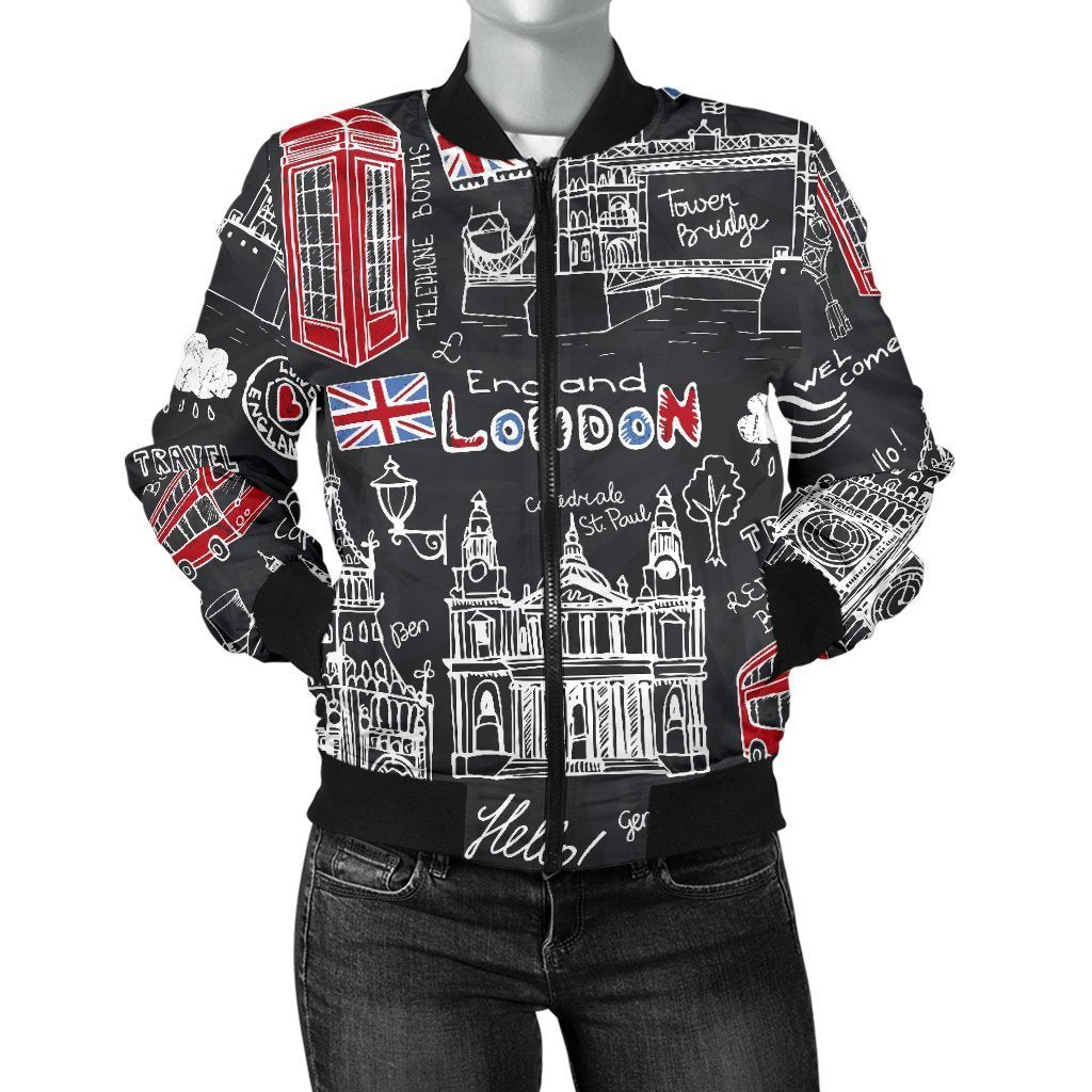 British Pattern Print Women Casual Bomber Jacket-grizzshop
