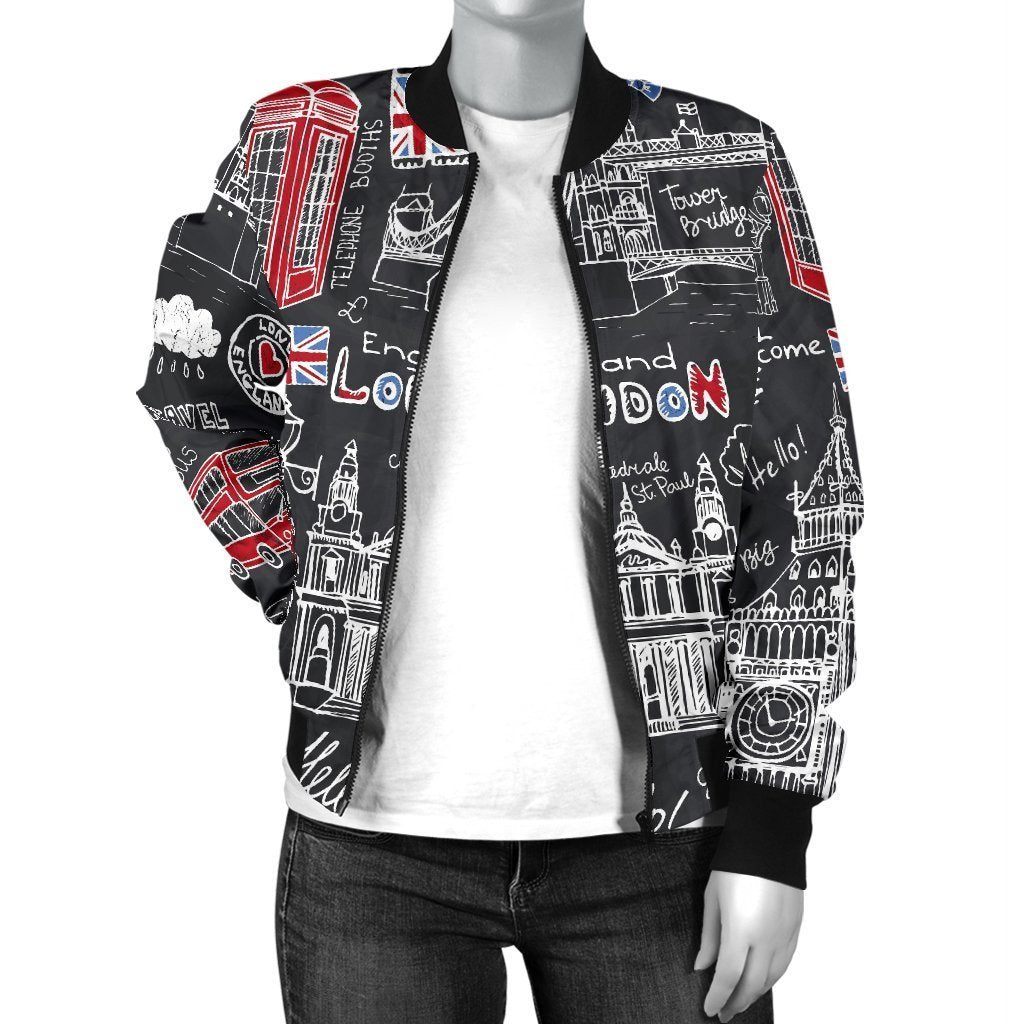 British Pattern Print Women Casual Bomber Jacket-grizzshop