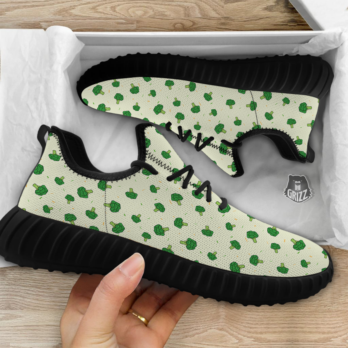 Broccoli Green Print Pattern Black Walking Shoes-grizzshop