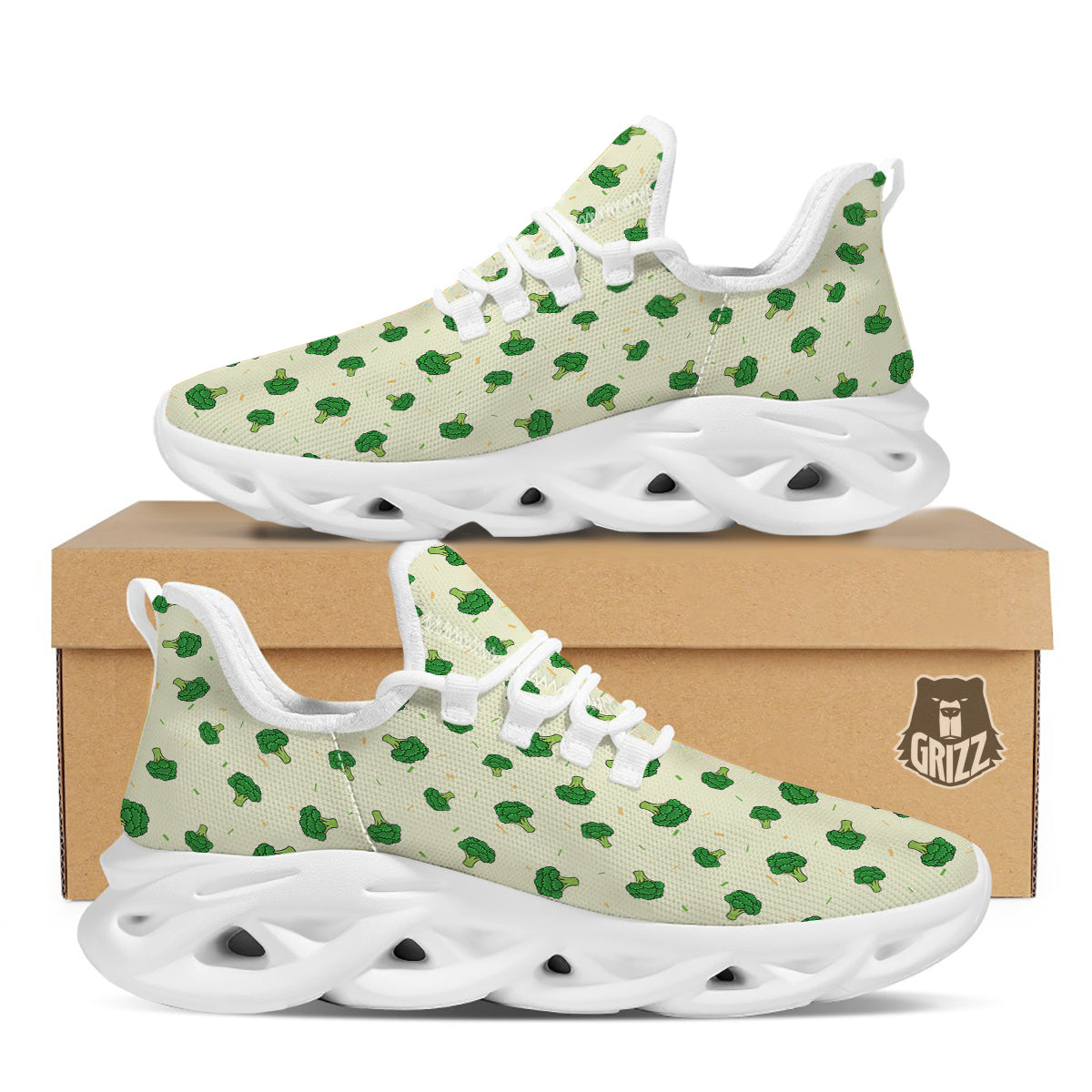 Broccoli Green Print Pattern White Running Shoes-grizzshop
