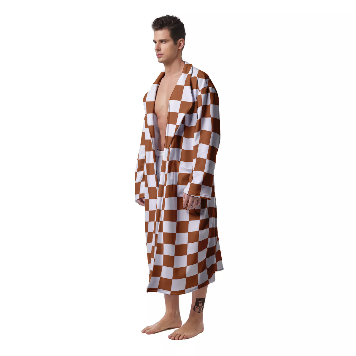 Bronze Checkered Flag Print Men's Robe-grizzshop