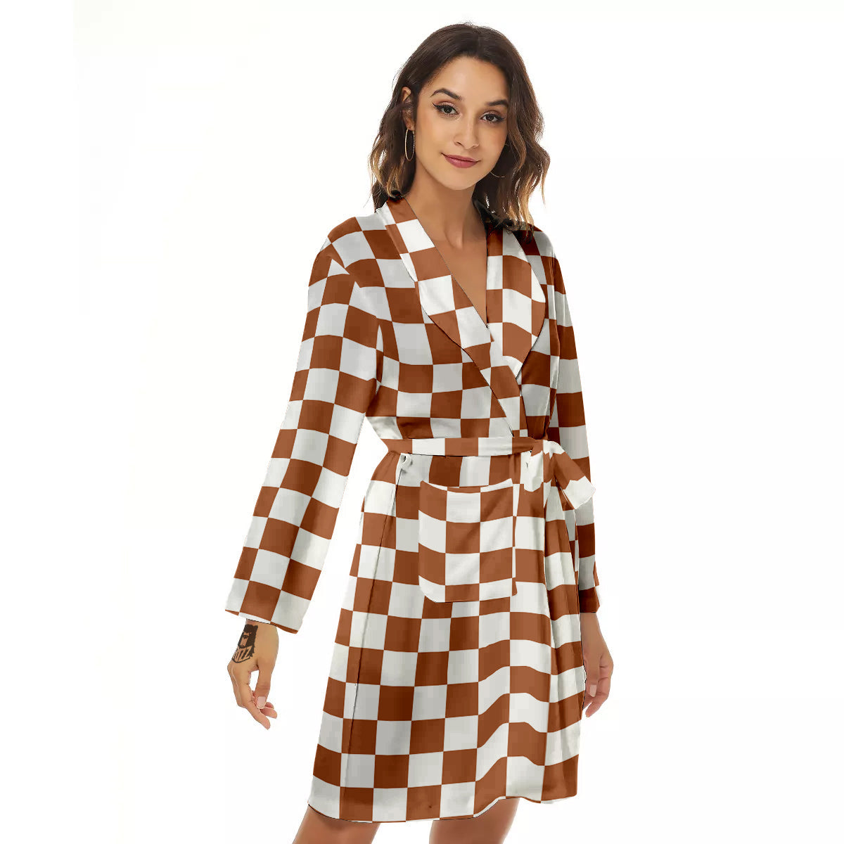 Bronze Checkered Flag Print Women's Robe-grizzshop