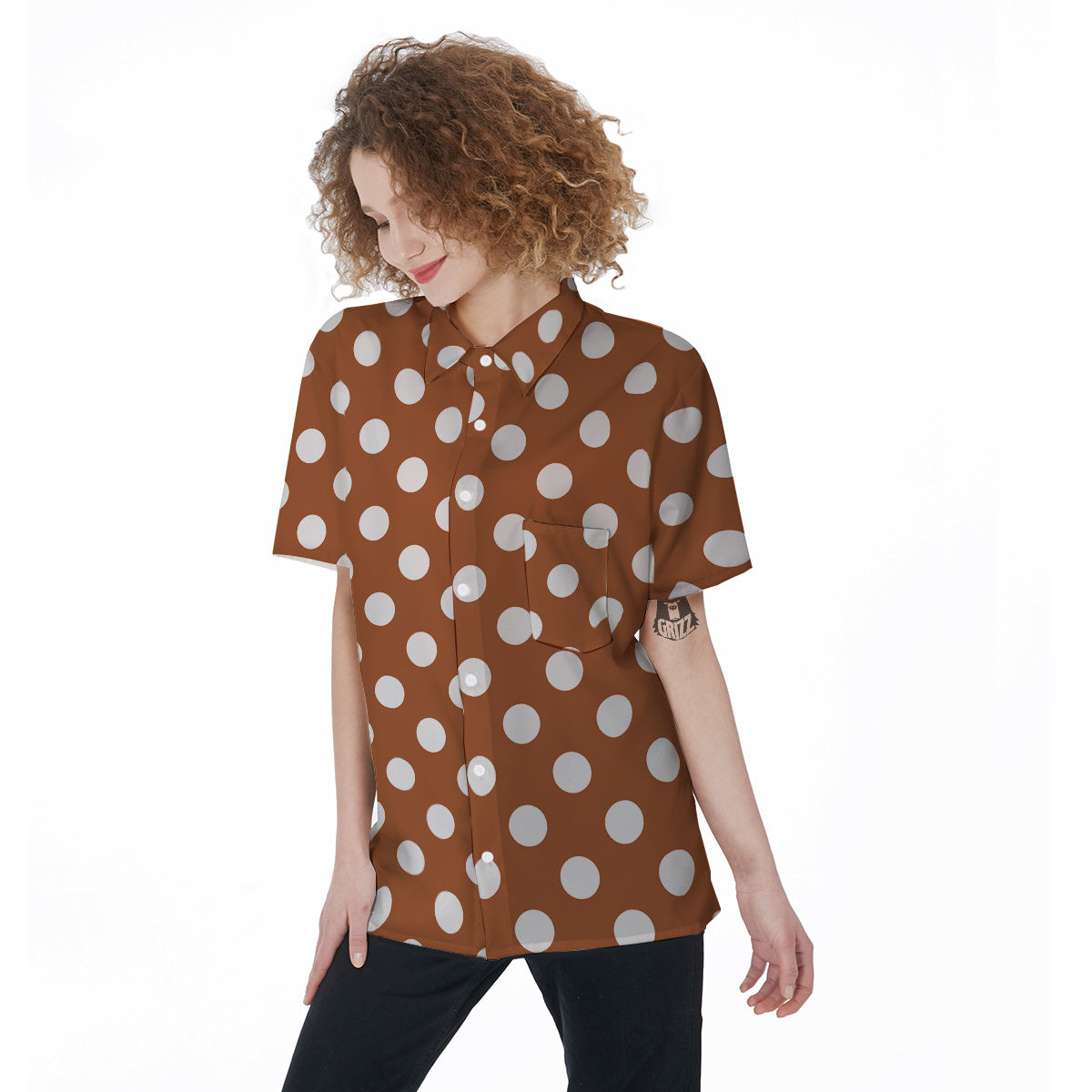 Bronze Color Polka Dot Print Pattern Women's Short Sleeve Shirts-grizzshop