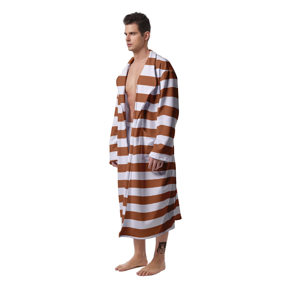 Bronze Color Striped Print Men's Robe-grizzshop