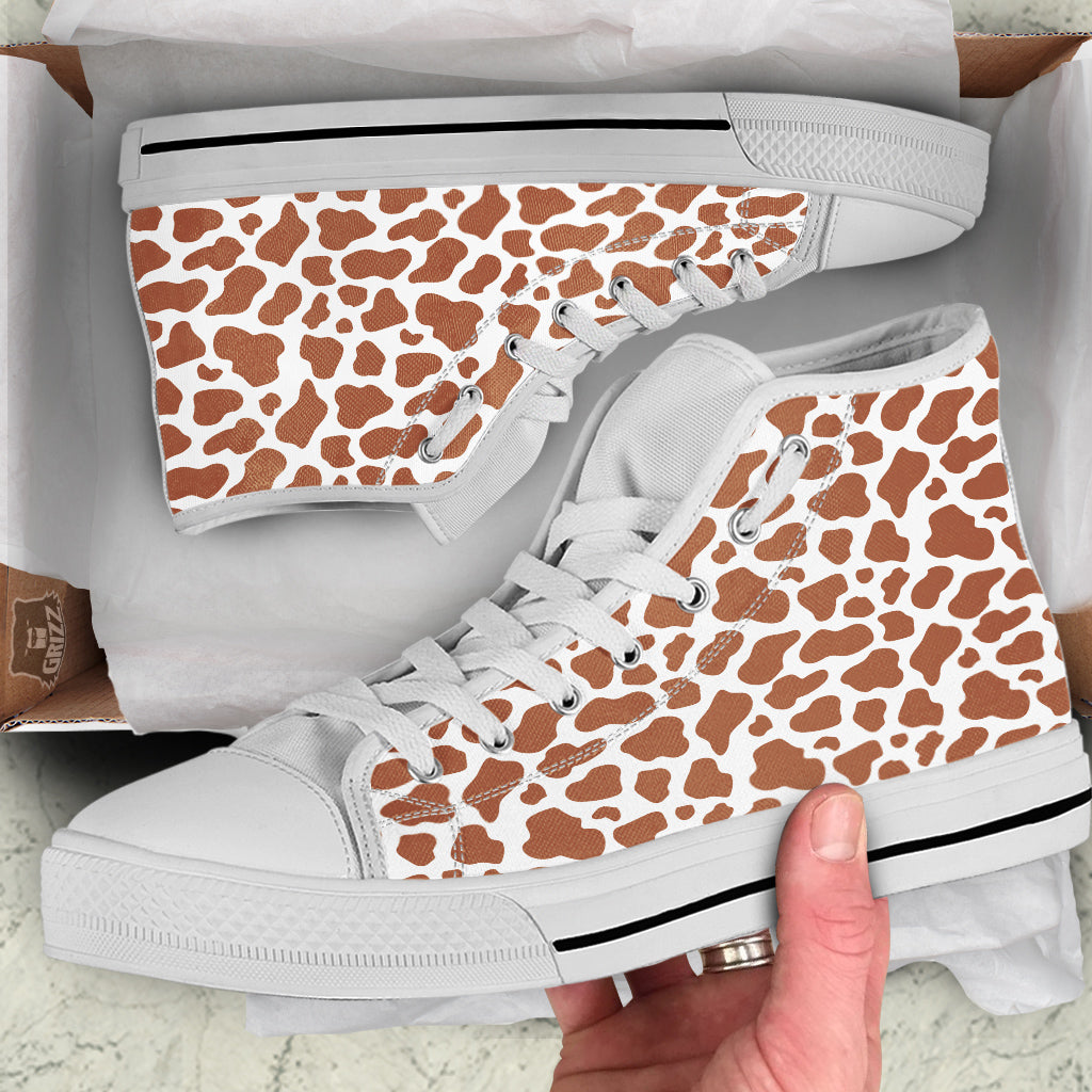 Bronze Cow Print Pattern White High Top Shoes-grizzshop