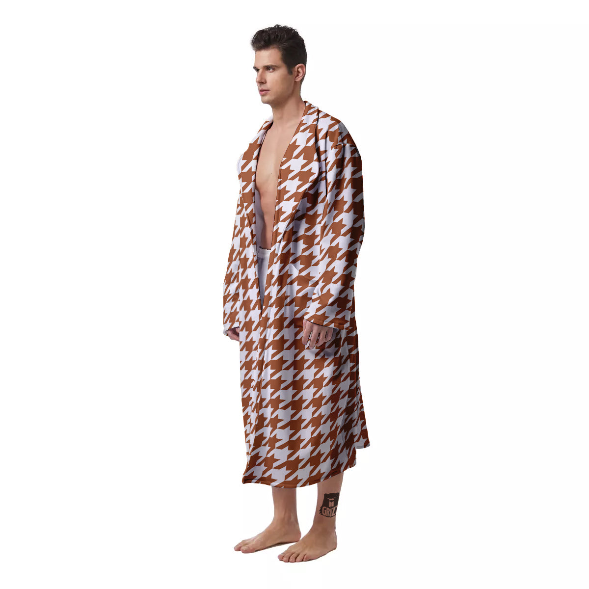 Bronze Houndstooth Print Men's Robe-grizzshop