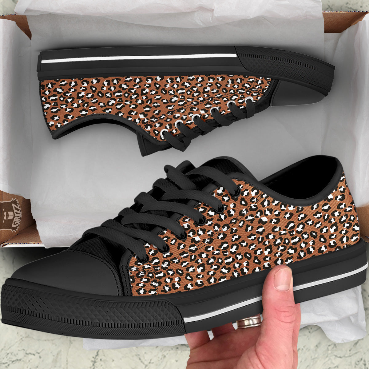 Bronze Leopard Print Pattern Black Low Top Shoes-grizzshop