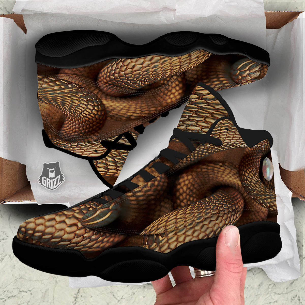 Bronze Snake Print Black Basketball Shoes-grizzshop