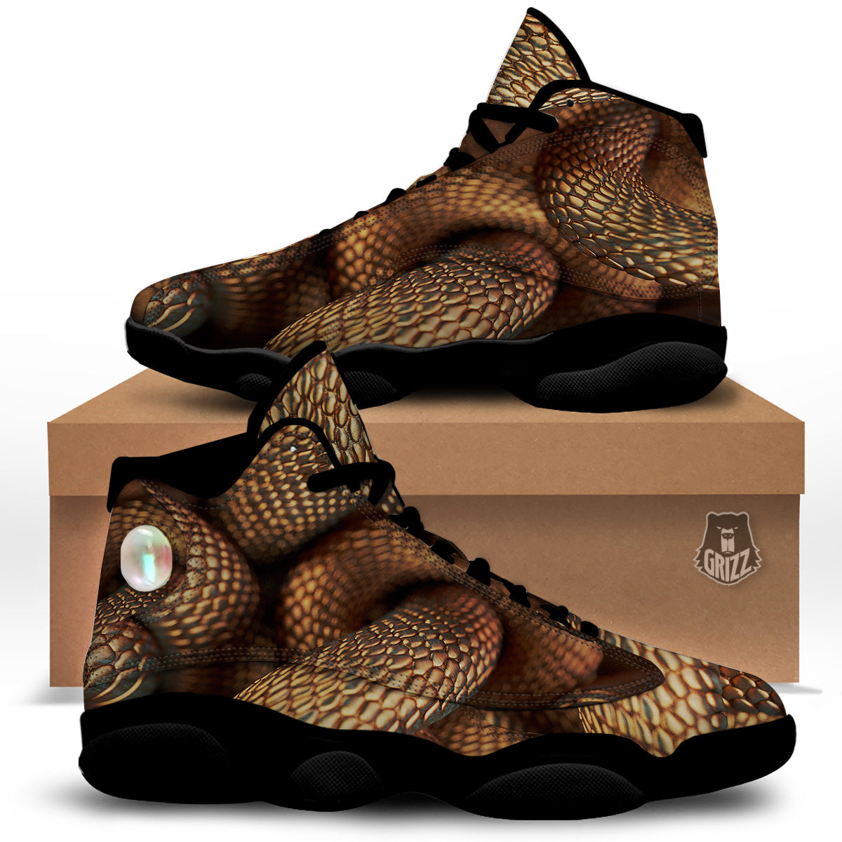 Bronze Snake Print Black Basketball Shoes-grizzshop