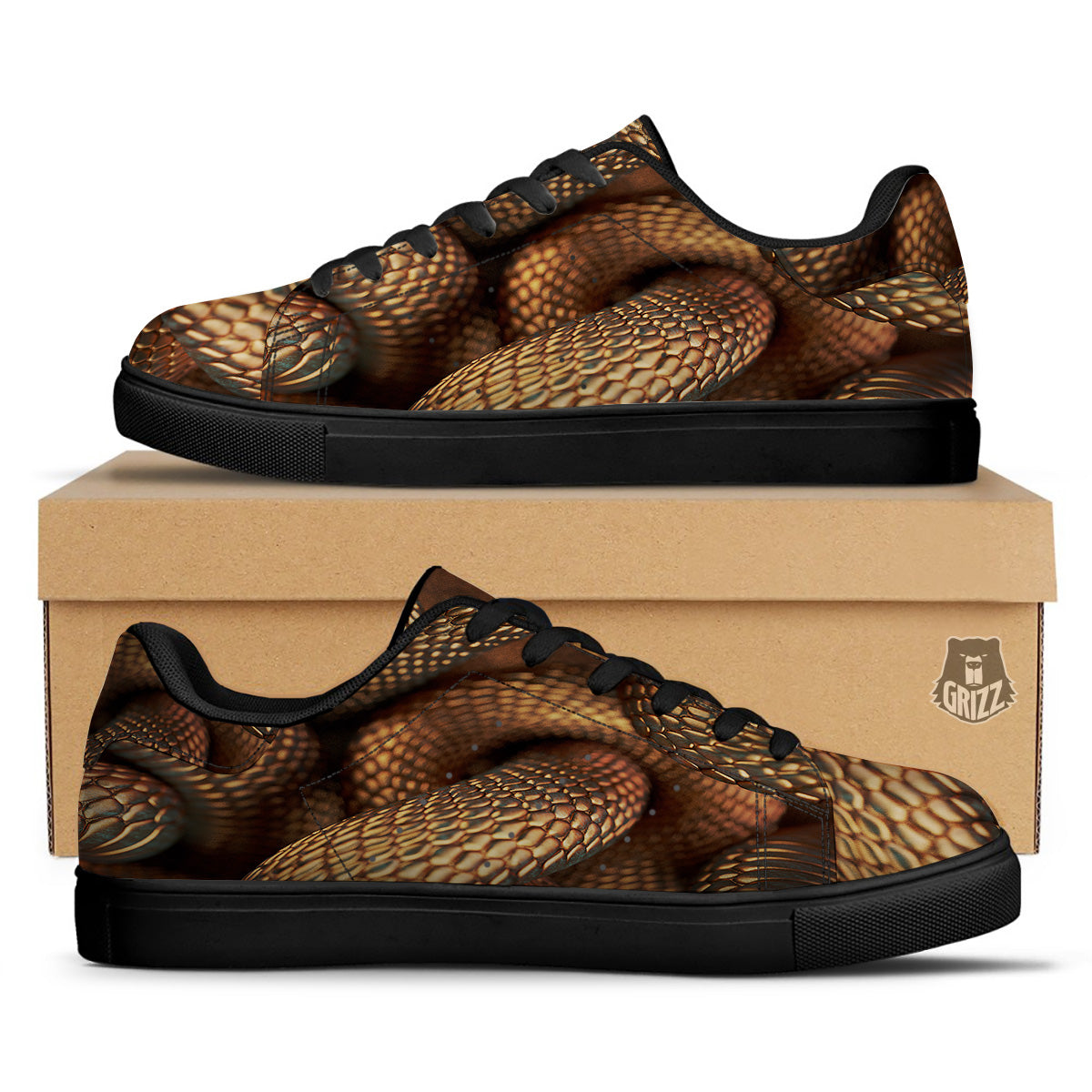 Bronze Snake Print Black Low Top Sneakers-grizzshop