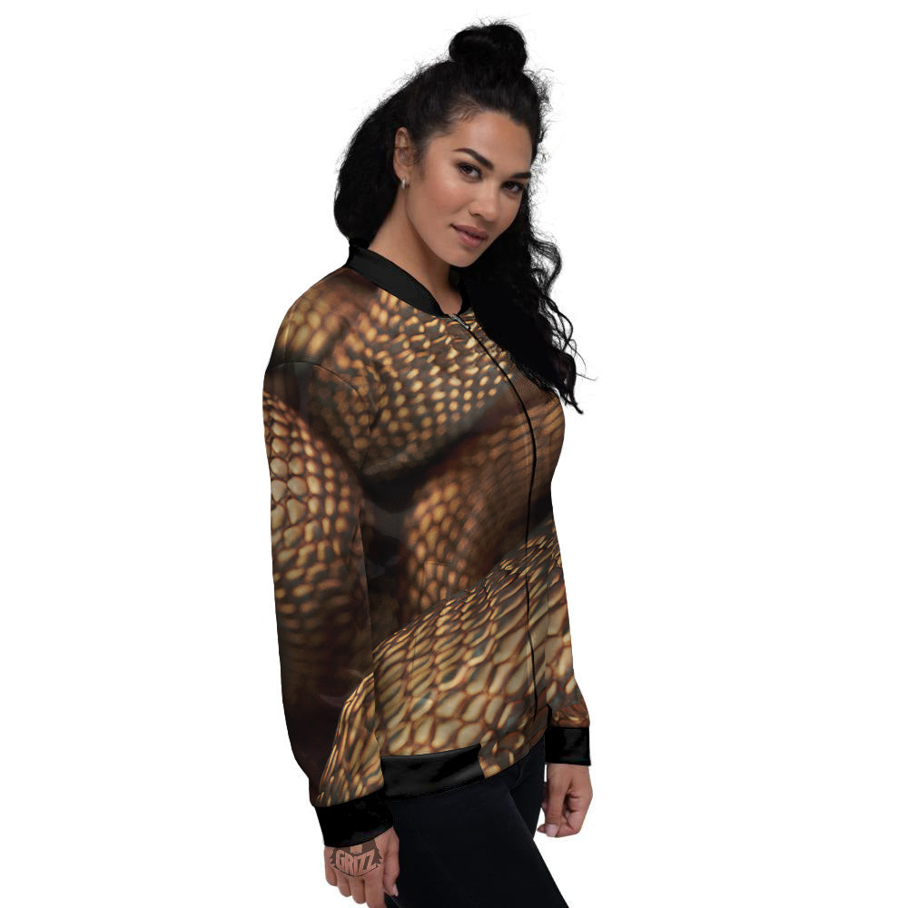 Bronze Snake Print Women's Bomber Jacket-grizzshop