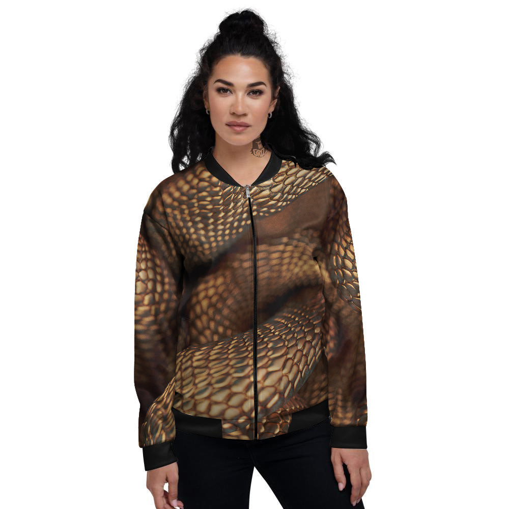 Bronze Snake Print Women's Bomber Jacket-grizzshop