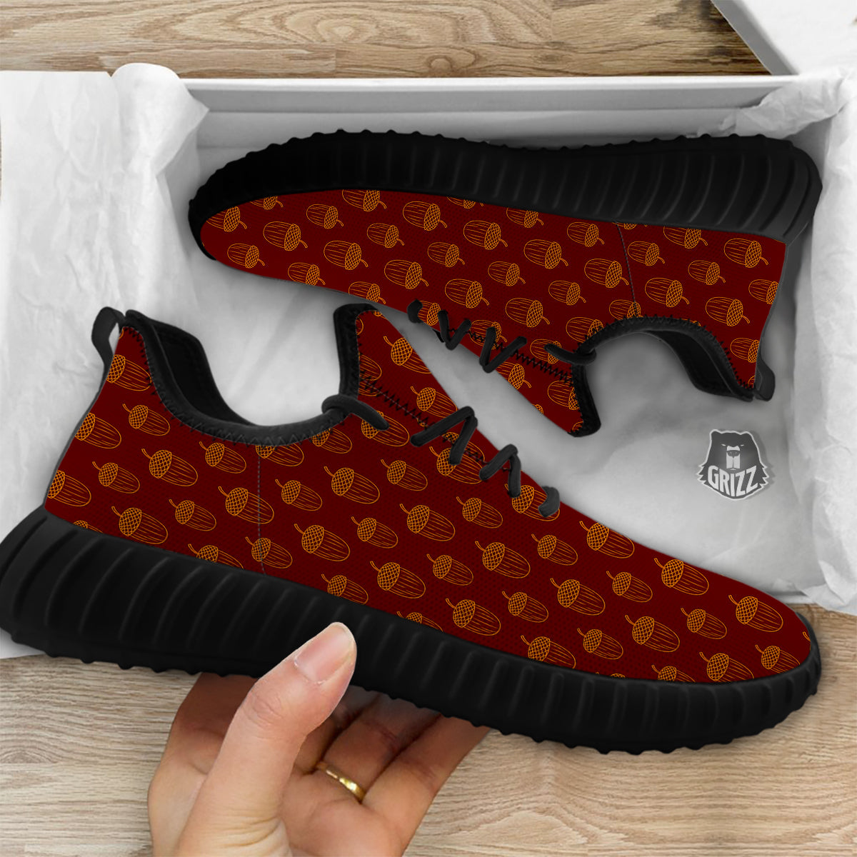 Brown Acorn Print Pattern Black Walking Shoes-grizzshop