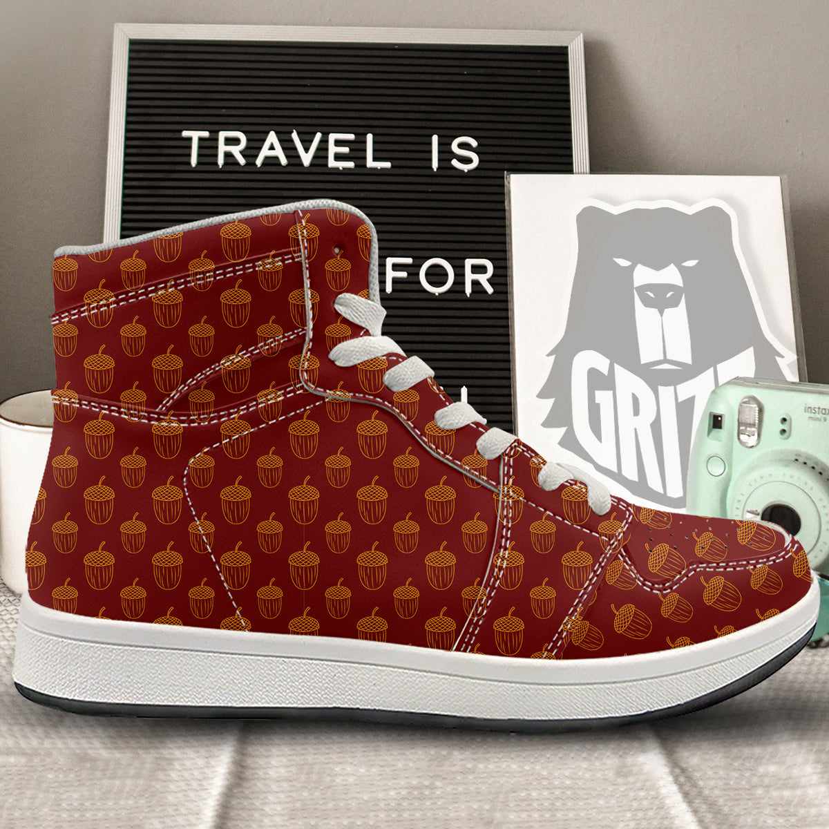 Brown Acorn Print Pattern High Top Sneakers-grizzshop